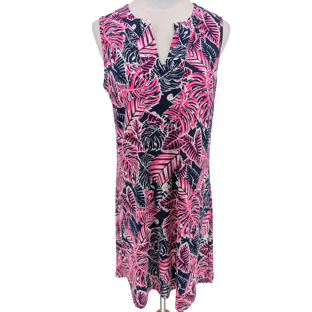 Peach Love California Shift Dress Womens MD Pink‎ Navy Tropical Palm Leaf V-Neck